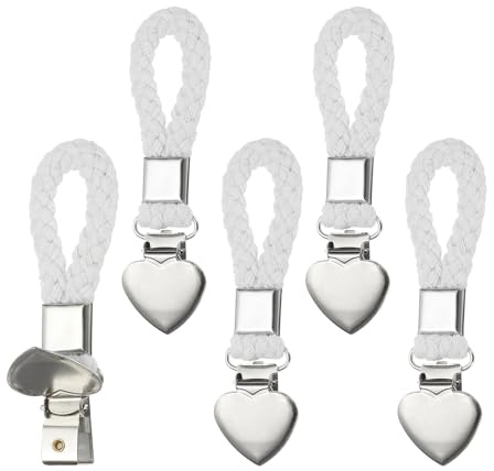 PATIKIL 5 Pcs Hanging Tea Towel Clips, 1.2 Width Braided Cotton Loop Towel Clip with Silver Metal Clamp for Kitchen Bathroom RVs Camping Hanging Organize Tool, White