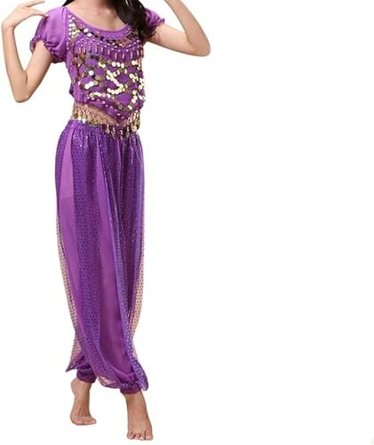 JiaWell Bauchtanz Kostüm für Damen Tanzen Top Laterne Hosen Professionel Karneval Tänzer Outfit Suit(Lila,S)