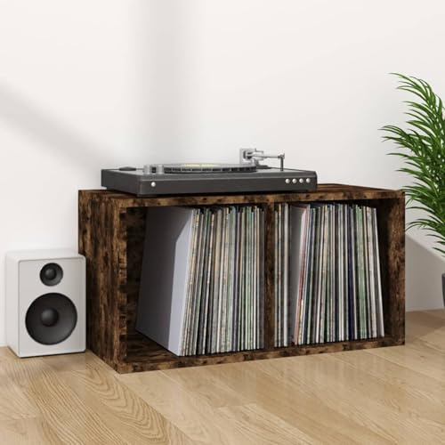 Vopese Caja de almacenamiento de vinilo de madera grande, resistente, para LP, 71 x 34 x 36 cm, roble ahumado Model815252