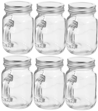 STOBAZA 6pcs Glass Mason Jars with Handles and Lids Airtight Sealing Portable Glass Storage Containers for Beverages Desserts and Jam for Outdoor Activities and Travel