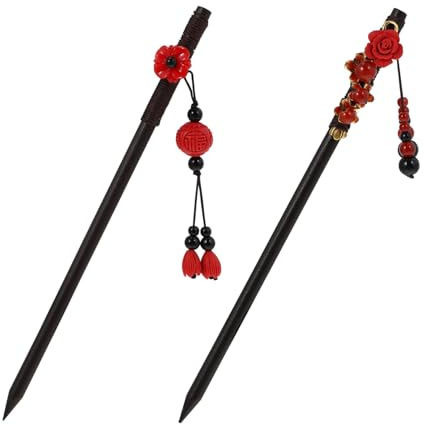 Forcina per Chioma in Legno 2 Pezzi, Stile Cinese Retrò | Decorazione per Chioma, Fiori Rossi Applicati, per Ragazze e Fidanzate