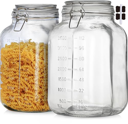 ZALSSKE 1.1 Gallon Large Glass Food Storage Jars with Airtight Lids,Set of 2 Square Wide Mouth Airtight Glass Storage Container,135oz Kitchen Mason Jar with Measurement Mark,for Flour Sugar Canning.