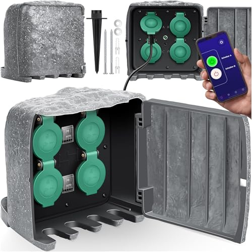 KESSER® Gartensteckdose Stein Steinoptik 4-Fach, Außensteckdose wasserdicht IP44, Mehrfachsteckdose Outdoor Garten Terrasse, mit Dämmerungssensor, 3m Kabel, 3680W 16A + Montageset (Grau)