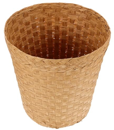 NOLITOY Cesto de Basura Tejido a Mano de Paja Natural, Tamaño Pequeño, Color Original Madera, Papelera Multifunción para Oficina y Hogar, Cesta de Papel Tejida para Almacenamiento