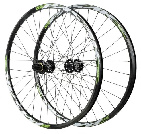 QUYCOIU Hjulsats För Mountainbike 24 Skivbroms Fram-Bakhjul Till Ungdomscykel 32 Hål Genomgående Axel 15×100/12×142Mm Ultralätt Fälg I Aluminiumlegering För 7-12 Växlad Kassett(Black-Green)