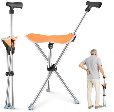 Dreieckiger Gehstock mit Sitz, 2-in-1 Sitzstock Faltbar Leicht mit 150 kg, für ältere Menschen und Erwachsene, ideal für Reisen im Freien, Camping und Bergsteigen
