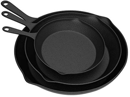 Pre Seasoned Cast Iron Skillets - 3 Pan Set - 9 inches, 8 inches, 6 inches - 1.5 to 2 inches deep - Durable with Strong Handle - Great for both veggies and meat