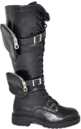 Amfibiska stövlar Kvinnor Platform Modell Ljus Dubbel Pocket Zip Höjd Knä Mode Street Långa Snörningar Justerbar, Svart, 38 EU