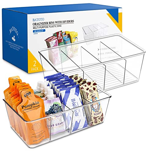 Batoto Pantry Organization and Storage Bins, Refrigerator Organizer Bins – Clear, Kitchen Organization and Storage with Dividers (2 Pack)