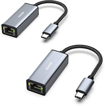 BENFEI Adaptateur USB C vers Ethernet, Lot de 2 USB Type-C (Thunderbolt 3) vers RJ45 Ethernet LAN Adaptateur Compatible pour MacBook Pro 2019/2018/2017, MacBook Air et Plus