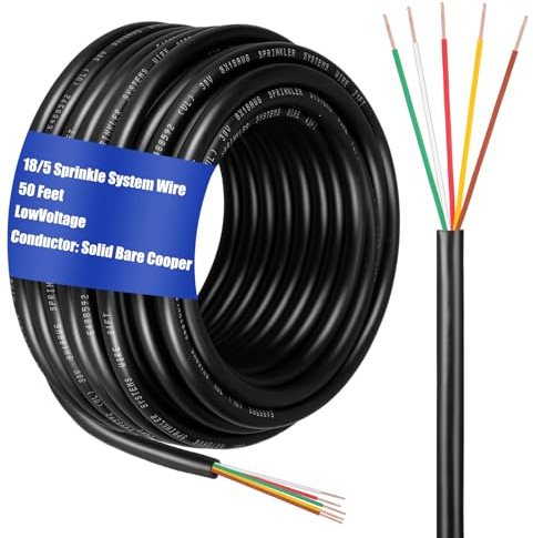 Hoolerry Solid Sprinkler System Wire 18 Gauge Irrigation Wire with UV Resistant PVC Jacket Sprinkler Cable for Underground Irrigation Field Central Control System 30v Ul Listed(18/5, 50 Ft)