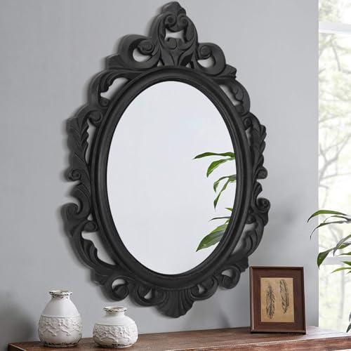 Lzuso Wooden Hanging Oval Mirror Black Carved Frame Wall Mirrors Rustic Vintage Decorative Aesthetic for Vanity Bedroom Bathroom Living Room Entryway Farmhouse 24x16