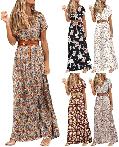 Skang Damen Sommerkleid Boho Elegant V-Ausschnitt Kurzarm Maxikleid Drucken Sommer Lang Kleid Strandkleid Böhmisch Blumenkleid Partykleid Freizeitkleid mit Gürtel