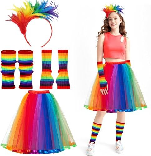 Henjunu Regenbogen Kostüm Damen Set, Regenbogen Tüllrock, Bunt Feder Stirnband, Fingerlose Handschuhe und Beinstulpen, Kostüm für Karneval, Fasching, Halloween