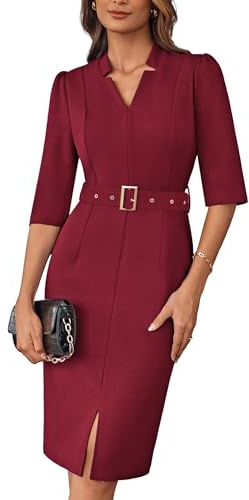 GRACE KARIN Dam 3/4-ärm bodycon midi-klänning elegant v-ringad smal passform omlottklänning affärsklänning med bälte, Vinrött, L