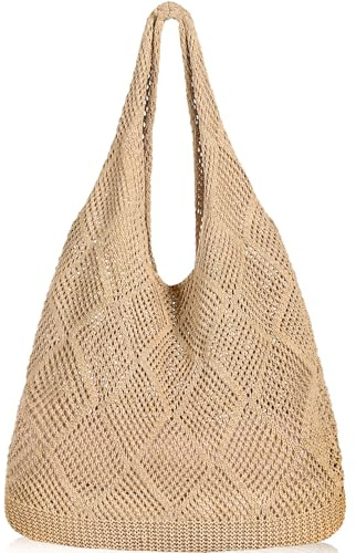 WantGor Häkeltaschen, Strand Mesh Tragetasche Damen Umhängetasche Einkaufstasche Lässige Reisetaschen Tasche faltbar Hobo Taschen (Gelblich-braun)