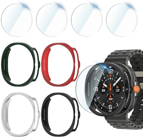 Jvchengxi 4+4Pack Case 46mm for Samsung Galaxy Watch 8 Classic Screen Protector, Hard PC Bumper Cover + HD Tempered Glass Screen Protector Films for Galaxy Watch 8 46mm (Black+Silver+Green+Red)
