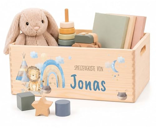 Kidsmood Holzkiste mit Wunschnamen – Stilvolle Spielzeugkiste für Baby- & Kinderzimmer | Ideale Aufbewahrungsbox für Kinder zur Spielzeug Aufbewahrung | Personalisierte Geschenke Baby - Löwe