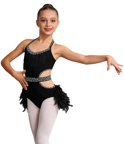 Fldy Kids Girls Feather Tutu Skirt Leotard Rhinestone Latin Dance Unitard Jazz Costume Lyrical Dancewear Black 15-16 Years