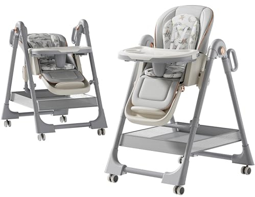 MoLi Cuero PU Trona Bebe, Trona Bebe Bandeja Extraíble de Doble Capa, Regulable Tronas Plegable, Tronas Asiento (X8122 Grey)