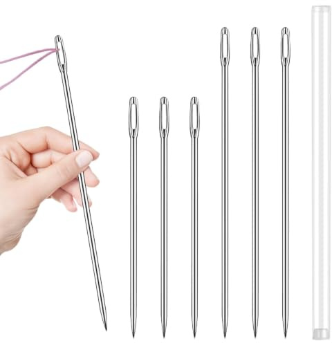 BLMHTWO 6PCS 10/12 Upholstery Needle, Large Eye Long Sewing Needles | Professional Tufting Needle for Upholstery, Hand Sewing Needles for Leather Repair Stitching Crafting Projects
