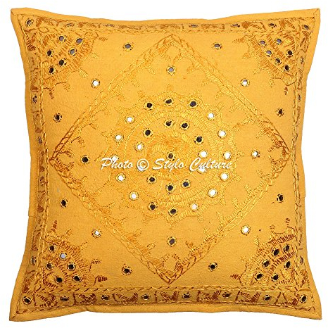 Stylo Culture Ethnicas Forros De Cojines Decorativa 40x40 cm Algodón Espejado Fundas Almohadones Silla Amarillo Mostaza 16x16 Inch Bordado Cuadrado sobre Fundas Cojines Sofa - 1 Pc