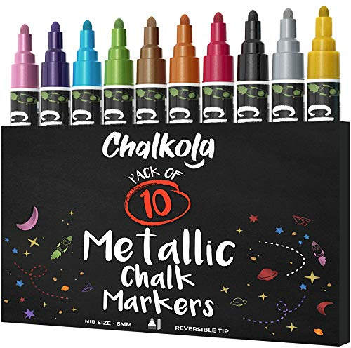Chalkola Kreidestifte für Tafel Abwaschbar - 10 Metallic Stifte mit 6mm Umkehrbare Spitze - Kreide Stift für Fenster, Tafel, Whiteboard und als Glasstift - Chalk Markers für Erwachsene & Kinder