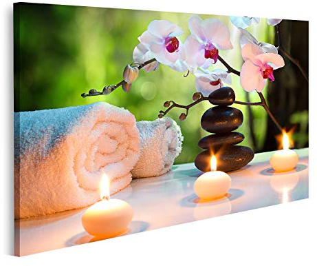 islandburner Quadro su tela Massaggio Composizione Spa Con Candele Orchidee E Pietre Nere Nel Giardino Quadri Stampe Immagini Murale Decorazione da parete