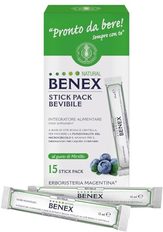 Erboristeria Magentina - Natural Benex Bevibile Integratore Alimentare a Base di Vite Rossa, Centella e Mirtillo - 15 Stick-Pack