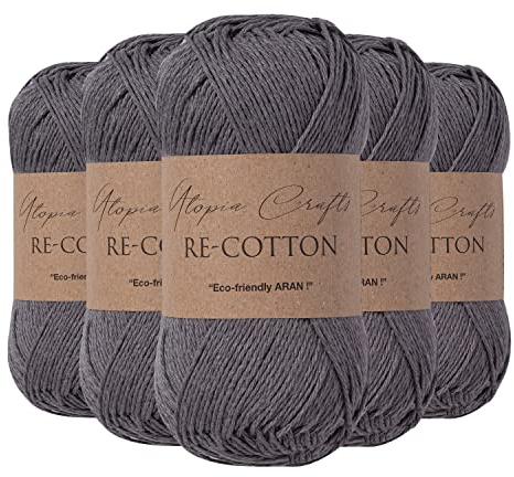 Utopia Crafts Re-Cotton Filato DK, 5x100g 750m, 80% Cotone Riciclato 20% Poliestere Riciclato, Certificato OEKO-TEX, Maglia e Uncinetto, Berretto, Sciarpa, Cardigan, Amigurumi, Grigio Tuono