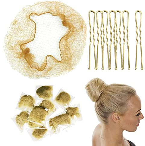 Invisible Hair Nets and U-shaped pins Set - Blonde Elastic Edge Mesh Hair Nets 50pcs & U-shaped Bobby Pins 50pcs for Kids Women's Bun (With Storage)