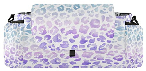 Borsa organizer per passeggino con motivo leopardato, universale, con 2 portabevande, cinghie regolabili e ganci per passeggino, adatta per bottiglie, pannolini, telefoni cellulari, giocattoli, viola.