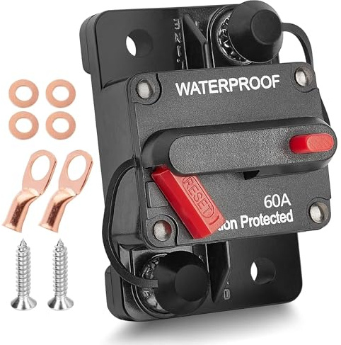 RED WOLF 60A Schutzschalter mit Kabelschuhe Kupferscheiben Wasserdichte Auto Leistungsschalter mit Manuellem Reset für LKW Wohnmobil Boot Auto Audio 60 Ampere Sicherungshalter 12V-48V DC