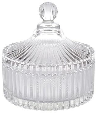 Angoily Glass Candy Jar with Lid Striped Storage Jar for Sweets Snacks Toothpicks and Swabs Transparent Desktop Display can for Home Shop Decoration 5.71 X 5.31 X 5.31in