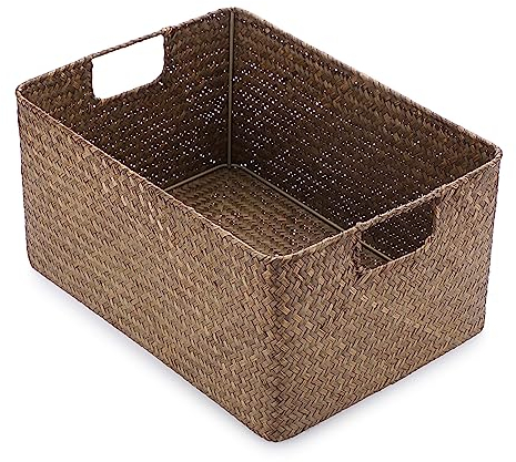 IGNPION Cesto portaoggetti aperto in alghe marine, per soggiorno e scrivania, scatola decorativa in vimini intrecciato, rettangolare, organizer per bagno, mensole e scrivanie, cesto portaoggetti