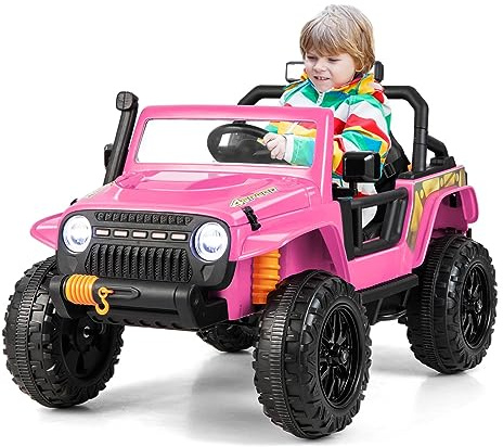Maxmass 12V Kids Ride on Truck, Battery Powered Electric Vehicle with Parental Remote Control, Music, Lights and Suspension Wheels, Children Off-road Car for 3+ Years Old, Max Weight 100kg (Pink)