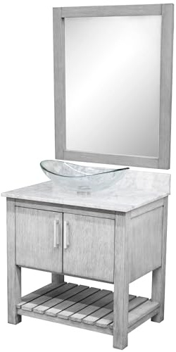 Miseno MV-30SG-NOBV-CAR-324C-MIR 30 Free Standing Single Basin Vanity Set with Cabinet, Marble Vanity Top, Oval Glass Vessel Sink and Mirror - Stonewash Grey/Carrara White Top/Chrome Hardware
