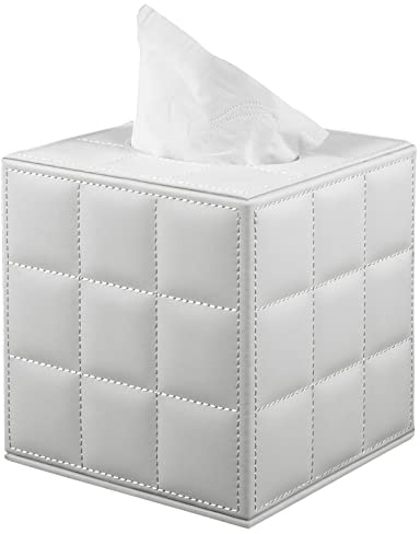 XNONE Leder Taschentuchbox Quadratisch Kosmetiktücher,Tissue Box Organizer,Taschentuchspender Halter Tissue Box Holder für Kommode Badezimmer Autos Büro Deko,Weiß