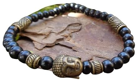 ✿ BRONZE BUDDHA SCHWARZES LEICHT DEHNBARES ARMBAND ✿ Buddhismus, Stetch Armband, dehnbar, Buddha, Indien
