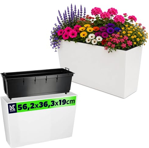 KADAX Växtlåda av plast, 18,5 x 55,7 cm, 5 färger, blomkruka med bevattningstejp, balkonglåda med insats för utomhusbruk, vit, rektangulär, glänsande