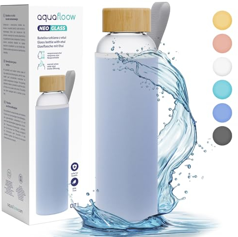 Aquafloow Borraccia con Custodia 700 ml in Vetro, Borosilicato Trasparente con Coperchio Protettivo e Tappo a Vite | Ideale per Lavoro, Scuola, Fitnes – Blu