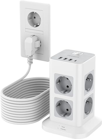 TESSAN Regletas Enchufes 8 Tomas con 3 USB A y 1 USB C, Alargador Enchufe 10 Metros, Torre Regleta Vertical con Interruptor y Proteccion Sobretension, Torre Multiple 3600W para Mesa, Oficina, Casa