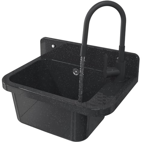 GRANITAN Lavandino da Esterno Moderno per Garage e Lavanderia - Lavatoio per Installazione Interna ed Esterna - Pilozzo da Esterno Giardino - 50x34x31 cm - (Nero + Rubinetto del Lavello FLEX)