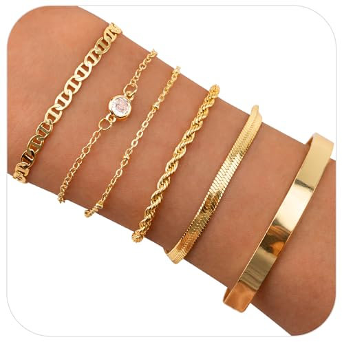 6Pcs Gold Bracelet for Women, 14K Gold Plated Stacking Bracelets Rope Cuban Figaro Herringbone Bead Chain Bracelets Adjustable CZ Link Gold Bracelet Set for Women Girls