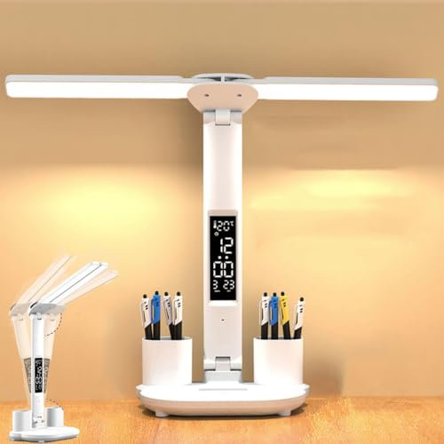 LOGT Dual Swing Arm LED Schreibtischlampe mit USB-Anschluss Uhr Tischlampe 3 Farbtemperaturstufen Dimmbare Schreibtischlicht Touch Control Leselampe mit Stifthalter Nachtlicht für Kinder Büro