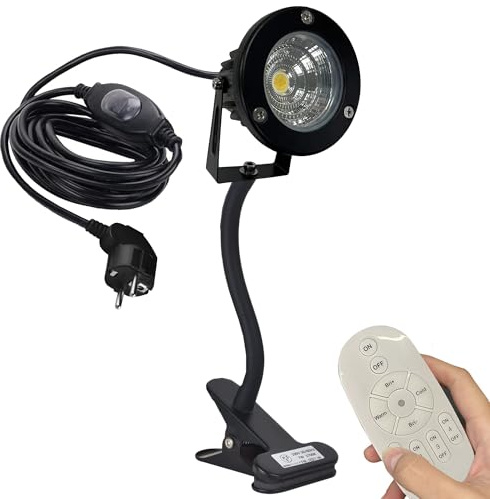 FSLiving LED-Klemmleuchte 7W mit 3m Kordel und Fernsteuerung,Dimmbar LED Strahler Außen mit Klammer,Schwanenhals, IP65 Wasserdicht LED Spots für Hinterhof, Garage, Flur,schwarz(TD0234)