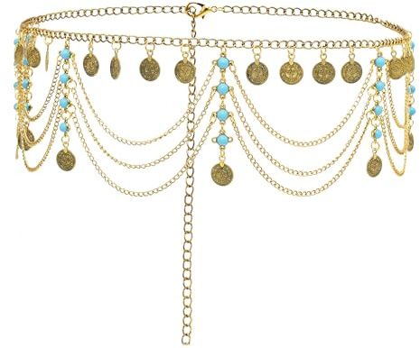 Pandalein Damen Gürtel Retro Taillengürtel Metall Kettengürtel Fransen Bauchtanz Gürtel Münzgürtel Taillenkette Hüftkette für Kleider
