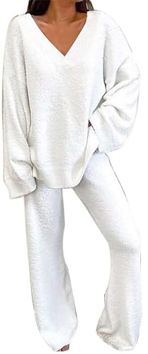 Ensemble Pyjama Femme Chic et Sexy, Tenue 2 Pièces en Soie - Haut à Manches Longues, Pantalon Large, Nuisette (Blanc, M)