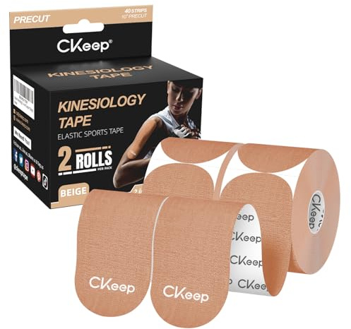 CKeep Kinesiology Tape, 2 Rolls Cotton Latex Free Hypoallergenic Elastic Precut Strips, 2 Inch Wide Waterproof Athletic Tape for Knees Pain Injuries Sprains, Beige