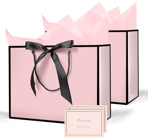 AMFUN Geschenktüten, 2 Stück Papiertüten mit Schleifenbändern + 2 Grußkarten + 4 Seidenpapier, Kreuzbodenbeutel, Geschenktaschen Groß mit Henkel für Geburtstag Hochzeit Feier Party
